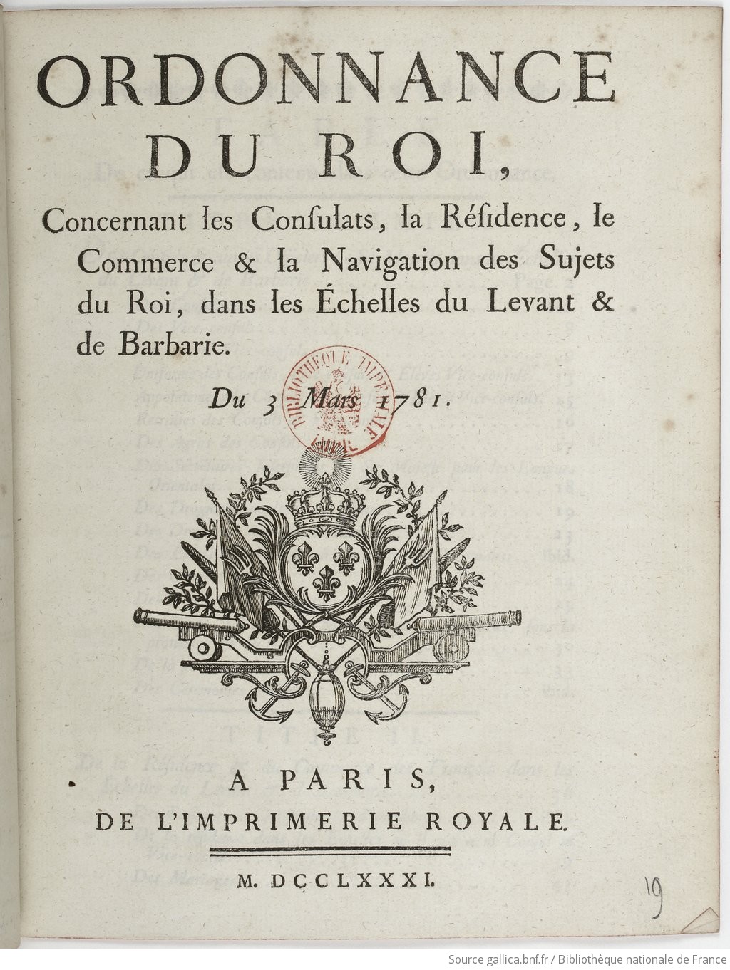 Ordonnance concernant les consulats, la résidence, le commerce et la navigation des sujets du Roi dans les Échelles du Levant et de Barbarie